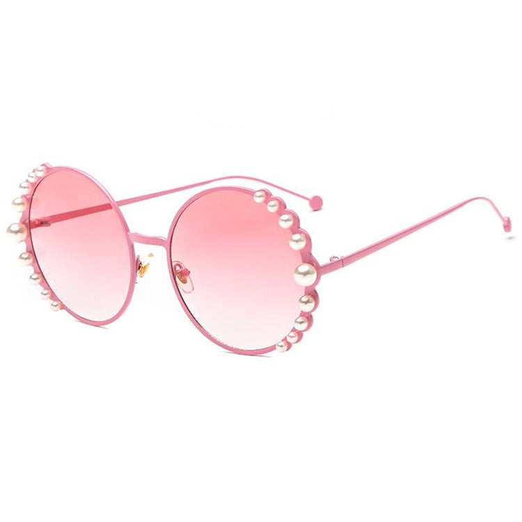 Women Sunglasses Metal Round Frame Pearl Embellished Sunglasses, Gold Frame Grey Lens, Gold Frame Brown Lens, Gold Frame Blue Pink Lens, Gold Frame Purple Pink Lens, Gold Frame Blue Lens, Gold Frame Champagne Lens, Pink Frame Pink Lens
