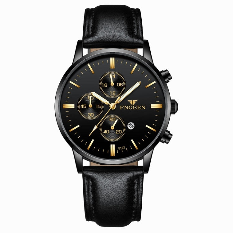 FNGEEN W5128 Men Three Eyes Subdial Luminous Quartz Watch Student Simple Watch, Black Leather Gold Shell Gold Surface, Black Leather Gold Shell Black Surface, Black Leather Gold Shell White Surface, All Black Surface Golden Nails