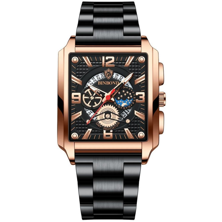 BINBONG B6575 Men Vintage Square Multifunctional Waterproof Luminous Quartz Watch, Black-Rose Gold-Black-Rose, Black-Black-Black-White, Black-Black-Black-Rose, Full Gold-Black, White-Black, White-White, Brown Leather-Rose Gold-Black