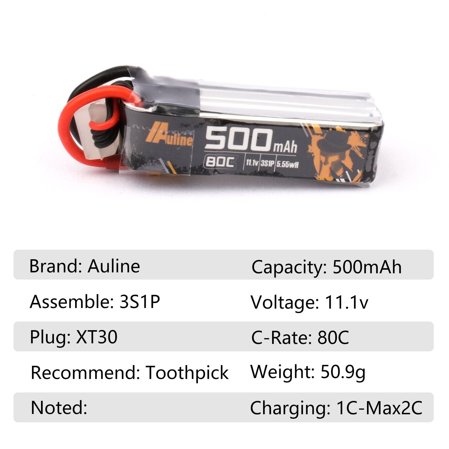 2pc AuLine 500mAh 3S 11.1V 80C XT30 Lipo Battery for Toothpick