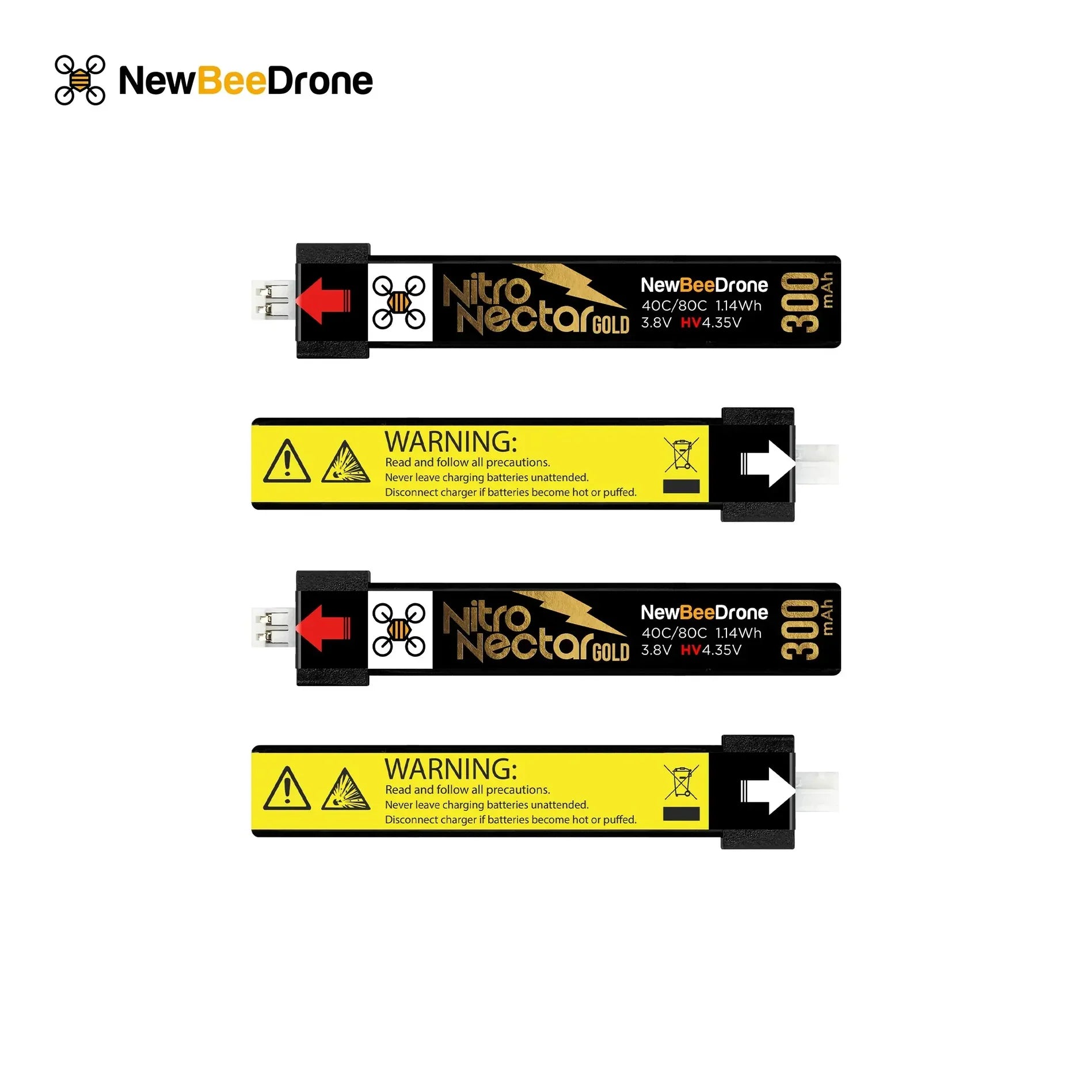 4-Pack NewBeeDrone Nitro Nectar Gold 300mAh 1S HV LiPo Battery with PH2.0