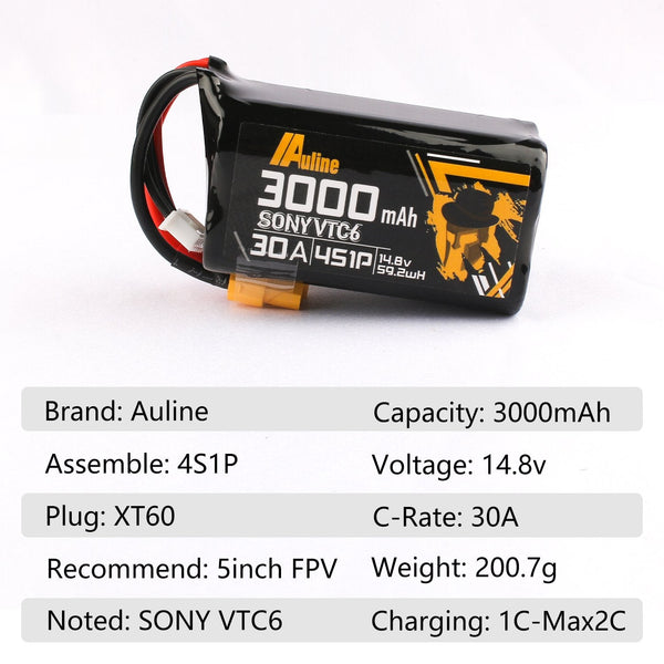 AuLine VTC6 3000mAh 4S 14.8V 30A XT60 18650 Li-Ion Battery
