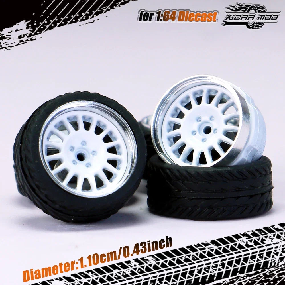 Kicarmod 1/64 Model Car ABS Wheels with Rubber Tire Rivet Axle Metal Rims Diameter 11mm Refitting Parts For Model Car Hot Wheels
