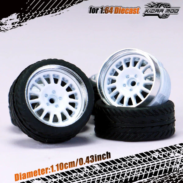 Kicarmod 1/64 Model Car ABS Wheels with Rubber Tire Rivet Axle Metal Rims Diameter 11mm Refitting Parts For Model Car Hot Wheels