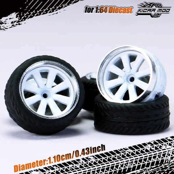 Kicarmod 1/64 Model Car ABS Wheels with Rubber Tire Rivet Axle Metal Rims Diameter 11mm Refitting Parts For Model Car Hot Wheels