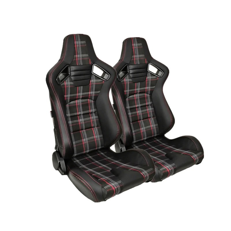 JBR 1041 SINGLE (x1) Red & Black Check Plaid Tartan Cloth Fabric Textile GTI Style PVC Faux Leather Single slider racing universal bucket seats