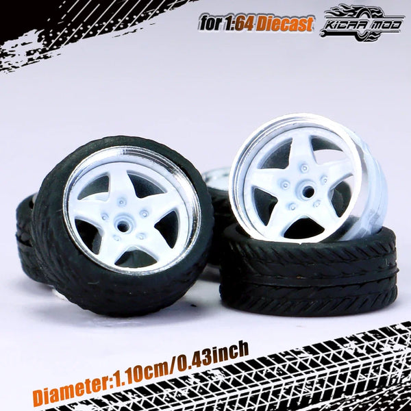 Kicarmod 1/64 Model Car ABS Wheels with Rubber Tire Rivet Axle Metal Rims Diameter 11mm Refitting Parts For Model Car Hot Wheels