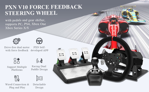 PXN V10 Force Feedback Racing Sim Driving Game Steering Wheel + Pedals + Gear Shifter 270 / 900° Racing Wheel - Suede Leather Gaming Wheel Steering Wheel for PC PS4 Xbox One Xbox Series X / S PXN-V10