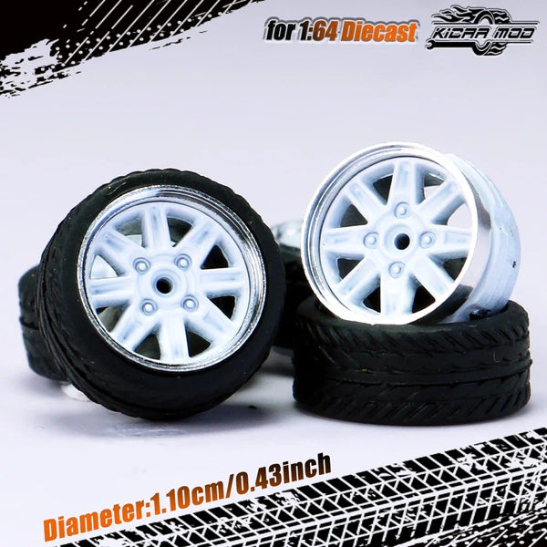 Kicarmod 1/64 Model Car ABS Wheels with Rubber Tire Rivet Axle Metal Rims Diameter 11mm Refitting Parts For Model Car Hot Wheels