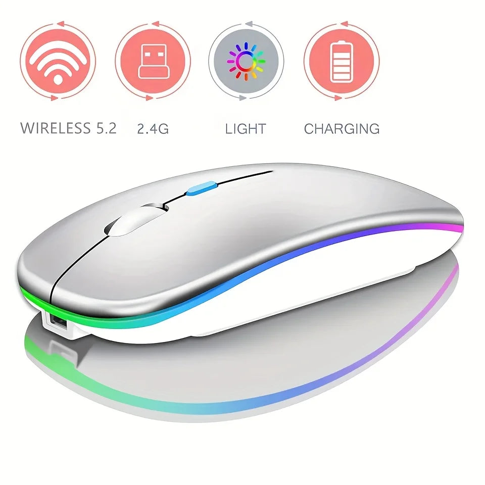Ultra-Slim Wireless Rechargeable Mouse with LED Lighting, Dual Mode (BT & 2.4G), Compatible with iPad, Laptop, PC, Mac, Windows