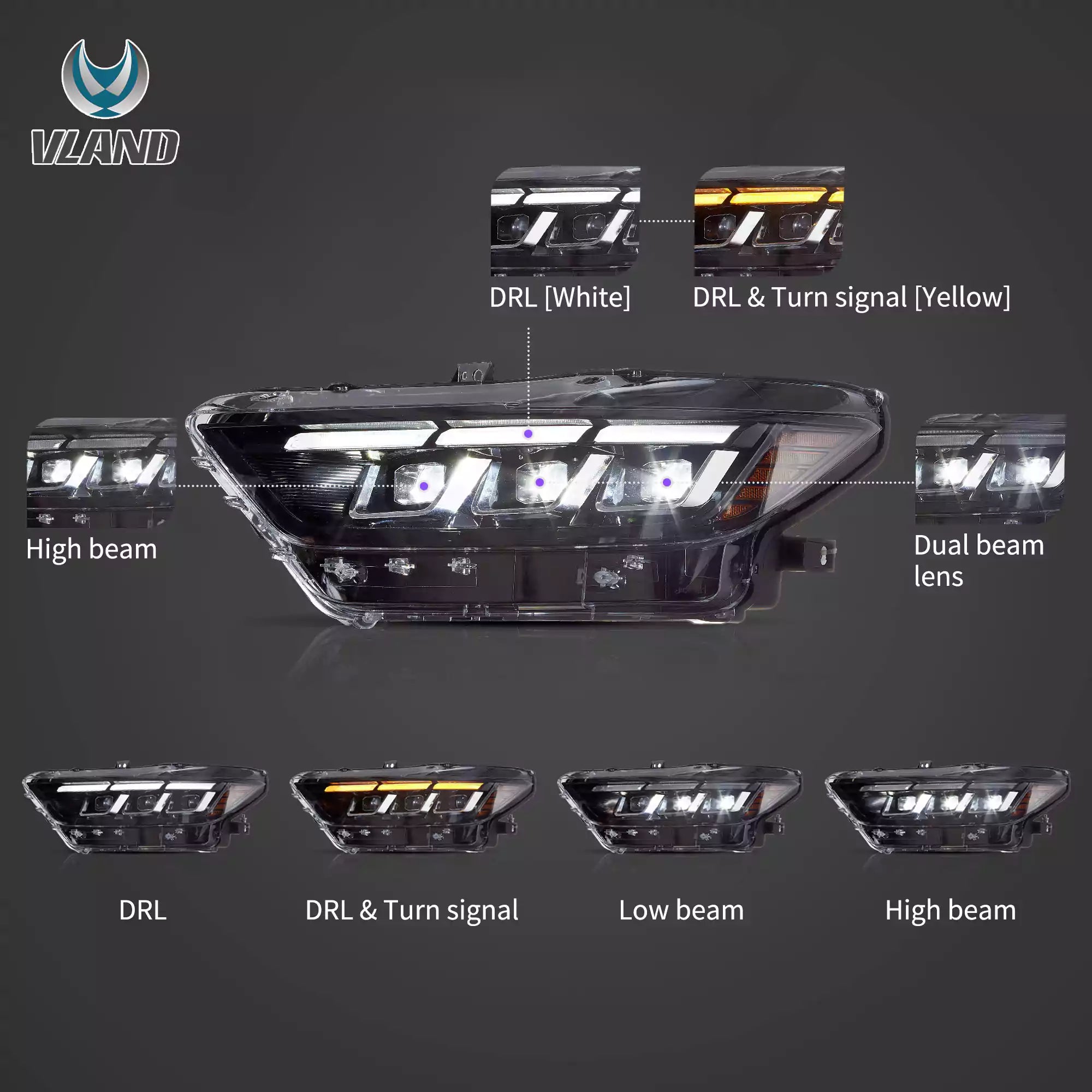 15-17 Ford Mustang LED Headlights Update 2024 S650 Style - 2015 2016 2017 Ford Mustang Eco boost GT GT350 GT500 LHD