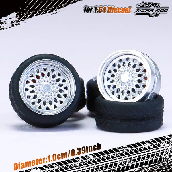 Kicarmod 1/64 Model Car ABS Wheels with Rubber Tire Brake Disc Metal Rims Diameter 10mm Refitting Parts For Model Car Hot Wheels