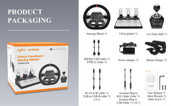 PXN V10 Force Feedback Racing Sim Driving Game Steering Wheel + Pedals + Gear Shifter 270 / 900° Racing Wheel - Suede Leather Gaming Wheel Steering Wheel for PC PS4 Xbox One Xbox Series X / S PXN-V10