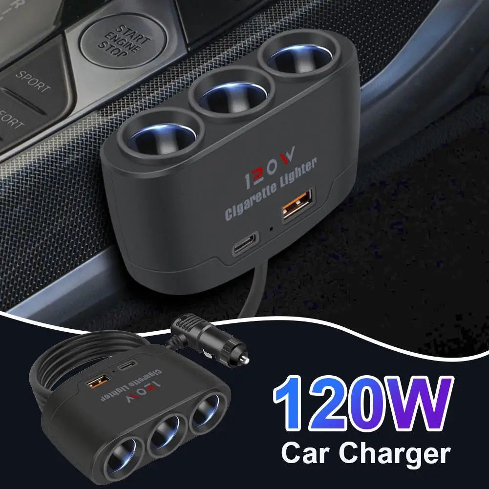 120W Car Charger Adapter 12V 24V PD QC3.0 Dual USB Socket Car Cigarette Lighter Splitter Fast Charger For Car DVR Dashcam
