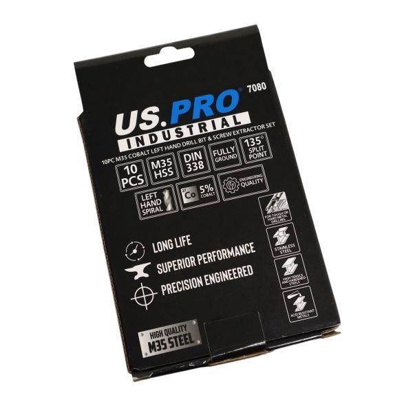 US PRO INDUSTRIAL 10PC M35 Cobalt Left Hand Drill Bit & Screw Extractor Set - Easy Out - 7080