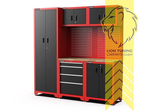 FEISTOS Juno 2  FE1010 Workshop Equipment Garage Mechanic Tool Storage Bench Wood Worktop Units Cabinets Drawers Tool Cabinet Red Black powder-coated steel 198x46x198cm