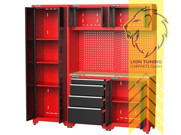 FEISTOS Juno 2  FE1010 Workshop Equipment Garage Mechanic Tool Storage Bench Wood Worktop Units Cabinets Drawers Tool Cabinet Red Black powder-coated steel 198x46x198cm