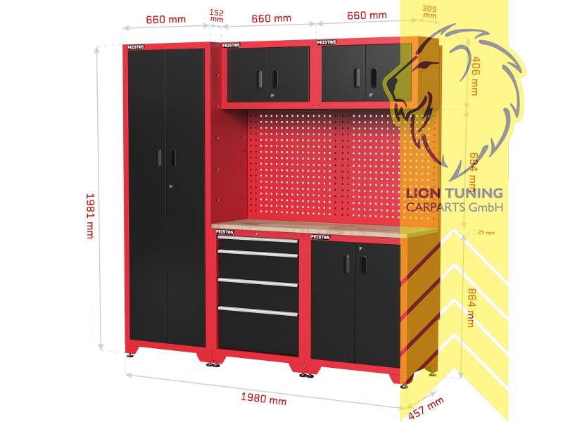 FEISTOS Juno 2  FE1010 Workshop Equipment Garage Mechanic Tool Storage Bench Wood Worktop Units Cabinets Drawers Tool Cabinet Red Black powder-coated steel 198x46x198cm