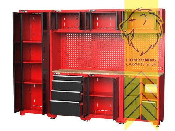 FEISTOS Juno 3 FE1020 Workshop Equipment Garage Mechanic Tool Storage Bench Wood Worktop Units Cabinets Drawers Peg Board Tool Cabinet Red Black powder-coated steel 264x46x198cm