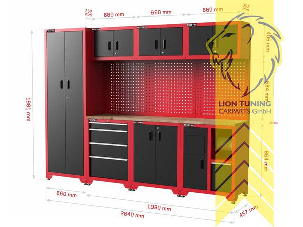 FEISTOS Juno 3 FE1020 Workshop Equipment Garage Mechanic Tool Storage Bench Wood Worktop Units Cabinets Drawers Peg Board Tool Cabinet Red Black powder-coated steel 264x46x198cm