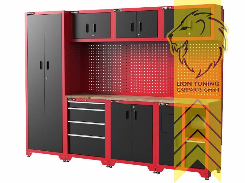 FEISTOS Juno 3 FE1020 Workshop Equipment Garage Mechanic Tool Storage Bench Wood Worktop Units Cabinets Drawers Peg Board Tool Cabinet Red Black powder-coated steel 264x46x198cm