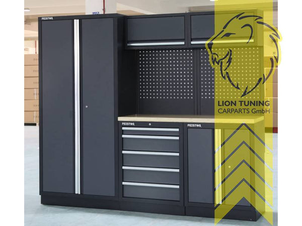 FEISTOS Apollo 1 FE9991 Workshop Equipment Garage Mechanic Tool Storage Bench Wood Worktop Units Cabinets Drawers Peg Board Tool Cabinet Grey Black  powder-coated steel 228x46x200cm