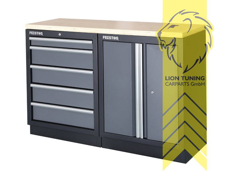 FEISTOS Apollo 1 FE9991 Workshop Equipment Garage Mechanic Tool Storage Bench Wood Worktop Units Cabinets Drawers Peg Board Tool Cabinet Grey Black  powder-coated steel 228x46x200cm