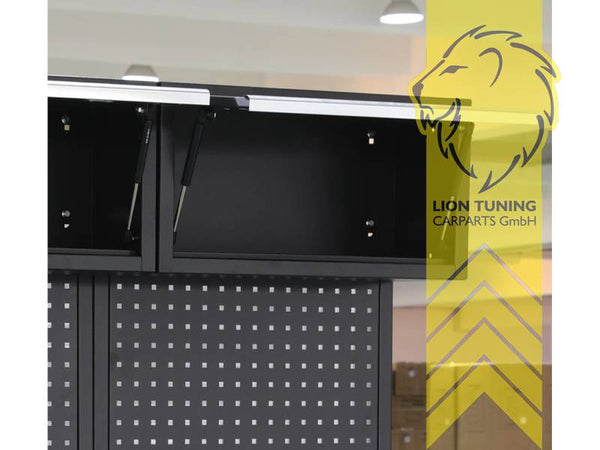 FEISTOS Apollo 1 FE9991 Workshop Equipment Garage Mechanic Tool Storage Bench Wood Worktop Units Cabinets Drawers Peg Board Tool Cabinet Grey Black  powder-coated steel 228x46x200cm