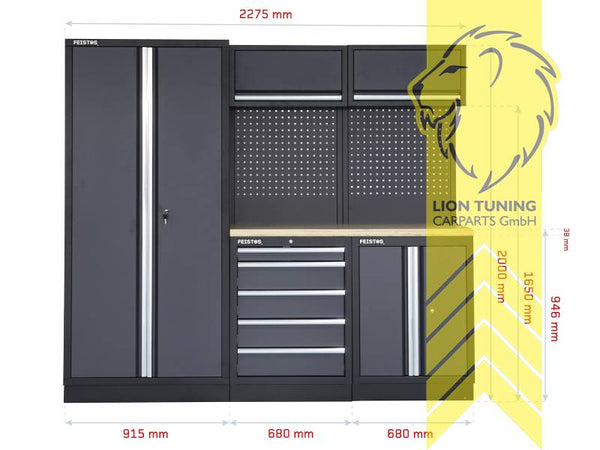 FEISTOS Apollo 1 FE9991 Workshop Equipment Garage Mechanic Tool Storage Bench Wood Worktop Units Cabinets Drawers Peg Board Tool Cabinet Grey Black  powder-coated steel 228x46x200cm