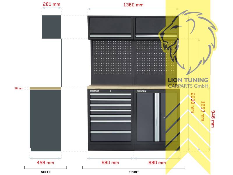 FEISTOS Apollo 5 FE9995 Workshop Equipment Garage Mechanic Tool Storage Bench Wood Worktop Units Cabinets Drawers Tool Cabinet Grey Black  powder-coated steel 136x46x200cm