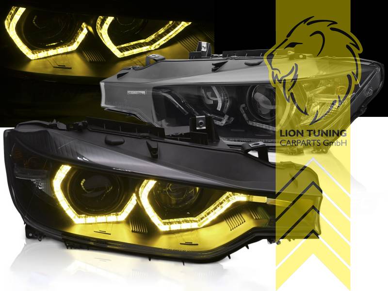 LT Pair LED Angel Eyes Halo Ring Headlights BMW F30 Sedan F31 Touring 11-15 Hexagon yellow light black LHD