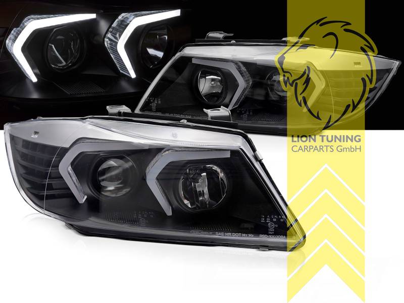 LT Pair LED Angel Eyes Headlights BMW E90 Sedan E91 Touring 05-08 black LHD