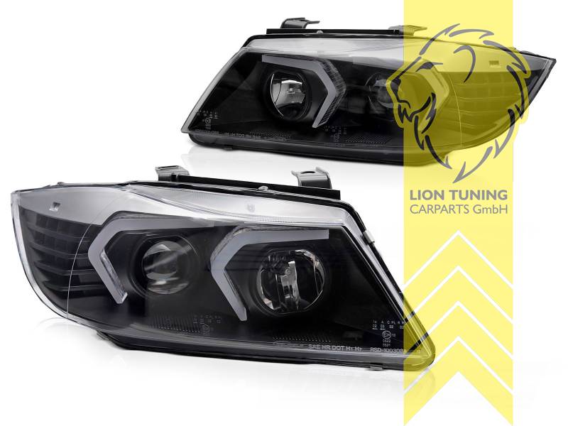 LT Pair LED Angel Eyes Headlights BMW E90 Sedan E91 Touring 05-08 black LHD