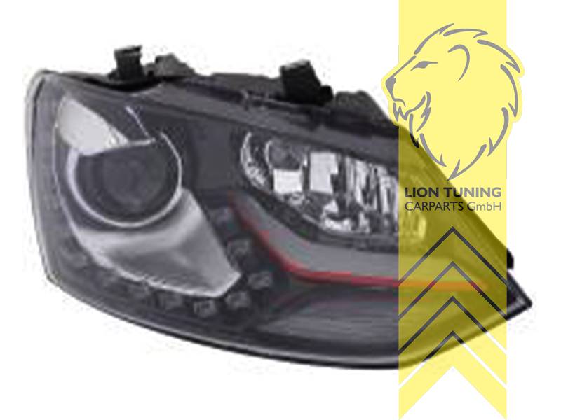 LT Pair LED DRL Red Lightbar Bi Xenon D3S daytime running light headlights for VW Polo 6R 6C 09-17 black for original H7 LHD