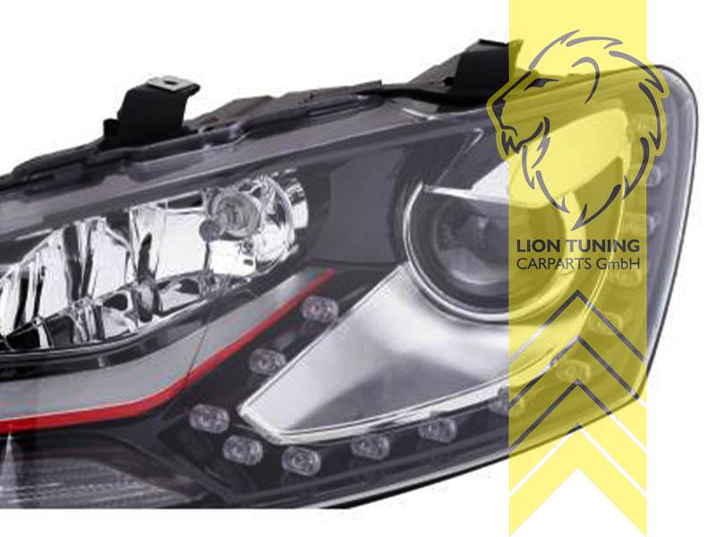 LT Pair LED DRL Red Lightbar Bi Xenon D3S daytime running light headlights for VW Polo 6R 6C 09-17 black for original H7 LHD