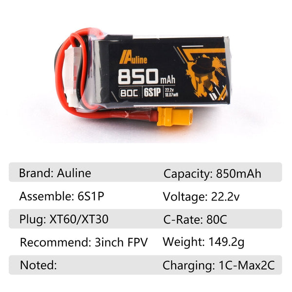 AuLine 850mAh 6S 22.2V 80C XT60 Lipo Battery