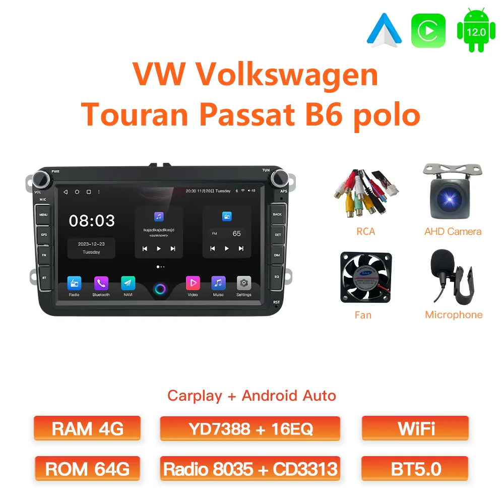 GATAXASKY 8" Car Radio multimedia player For VW Volkswagen Passat B7 B6 Golf Touran Polo Tiguan Jetta 2 din Android 12 Carplay