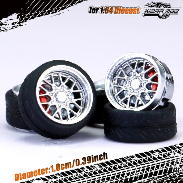 Kicarmod 1/64 Model Car ABS Wheels with Rubber Tire Brake Disc Metal Rims Diameter 10mm Refitting Parts For Model Car Hot Wheels