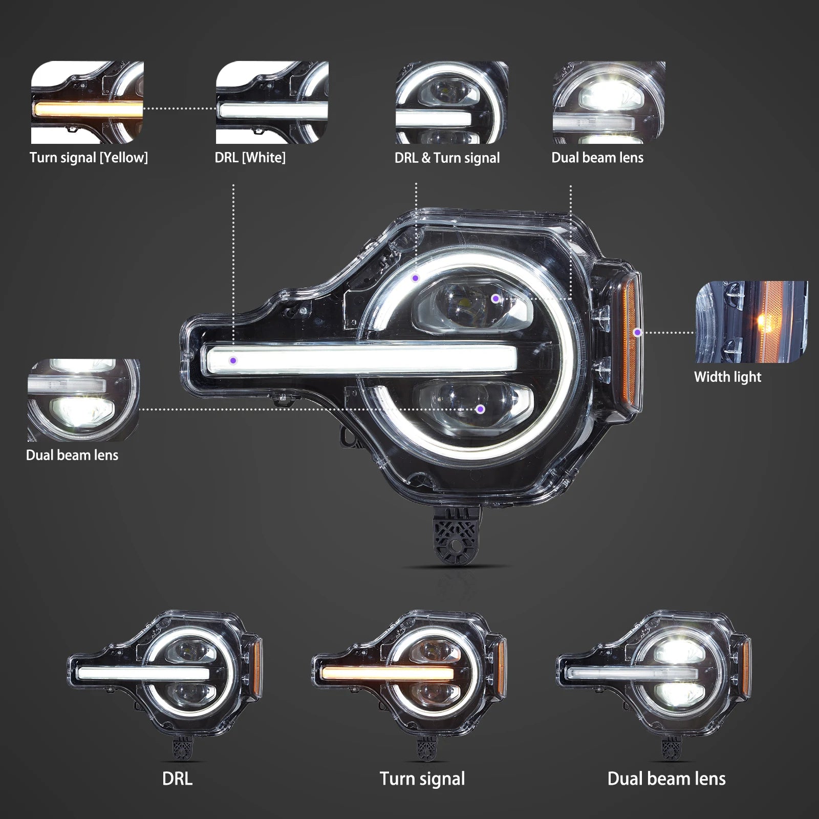 VLAND 20-24 Ford Bronco Full LED Projector RGB Headlights - Streamer led effect LHD