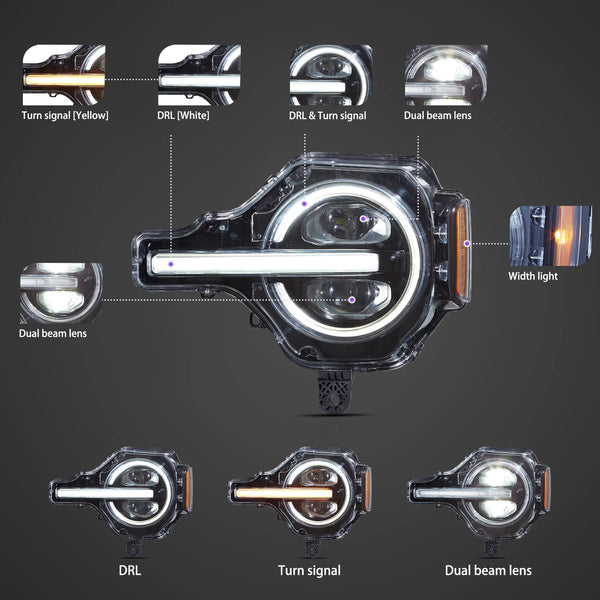 VLAND 20-24 Ford Bronco Full LED Projector RGB Headlights - Streamer led effect LHD