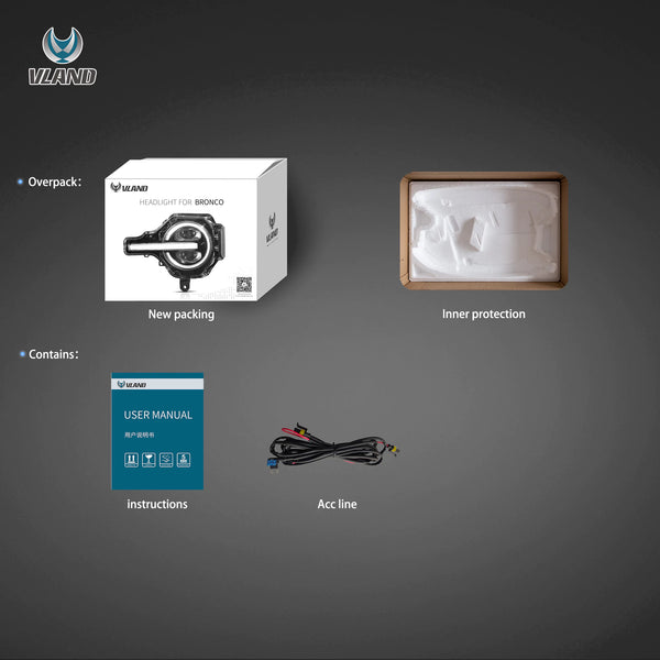 VLAND 20-24 Ford Bronco Full LED Projector RGB Headlights - Streamer led effect LHD