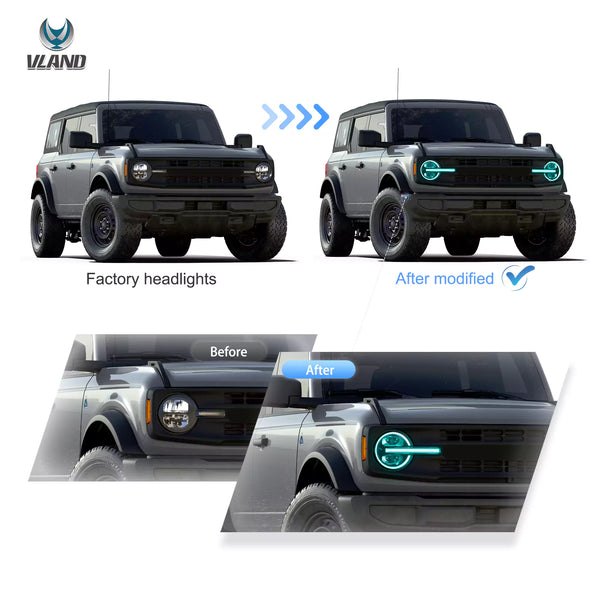 VLAND 20-24 Ford Bronco Full LED Projector RGB Headlights - Streamer led effect LHD
