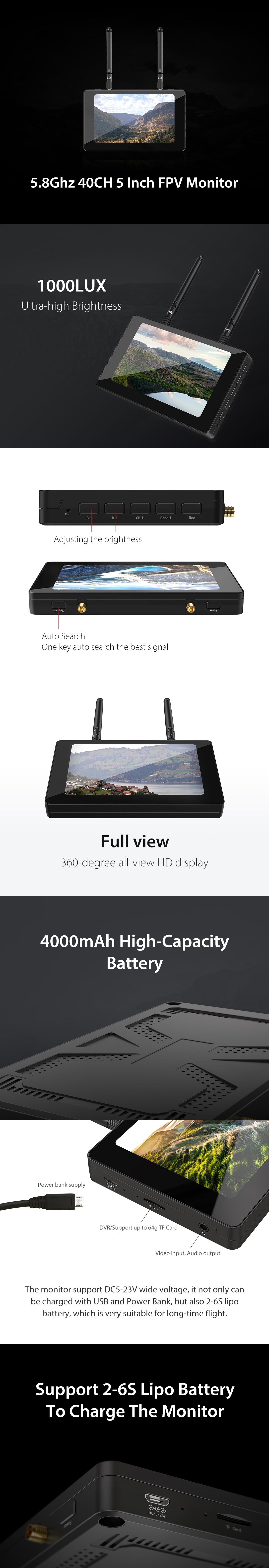 Foxeer 5" IPS FPV Monitor 5.8G 40CH Build in DVR Receiver Battery