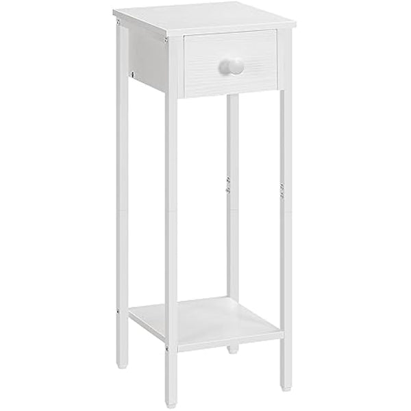 HOOBRO Slim Bedside Tables with Drawer, Small Side Table with Metal Frame, Tall Telephone Table for Small Spaces, Narrow Nightstand, Sturdy, White EWT771BZ01