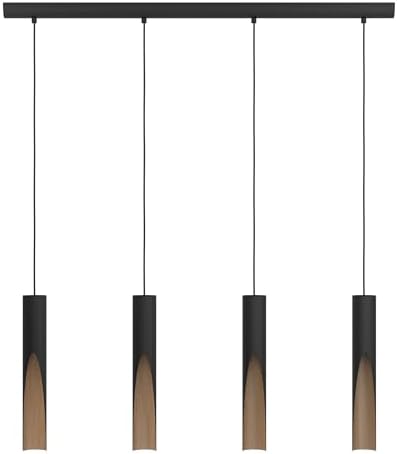 Eglo LED pendant lighting Barbotto, 4 light hanging lamp with indirect lighting, metal ceiling light fixture in black and wood look, GU10 bulb, warm white, FSC certified