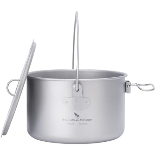 iBasingo 1.3L Titanium Pot Camping Cookware Hanging Stockpot Outdoor Small Bowl Cup Lightweight Hiking Picnic Portable Campfire Cooking Kit Travel 1 Person Kitchenware Tableware Mess Kit Ti2043C