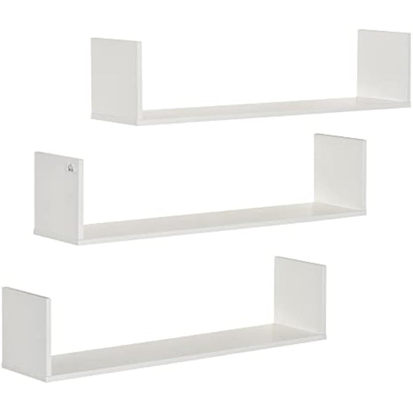 HOMCOM Set of 3 Wooden U-Shaped Floating Shelves Set Wall Mounted Hanging Bookshelf CD DVD Storage Display for Bedroom Living Room Kitchen, White