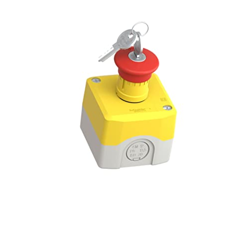 Schneider Electric Control station, plastic, yellow lid, 1 red mushroom push button Ø40, key release, 1 NO + 2 NC