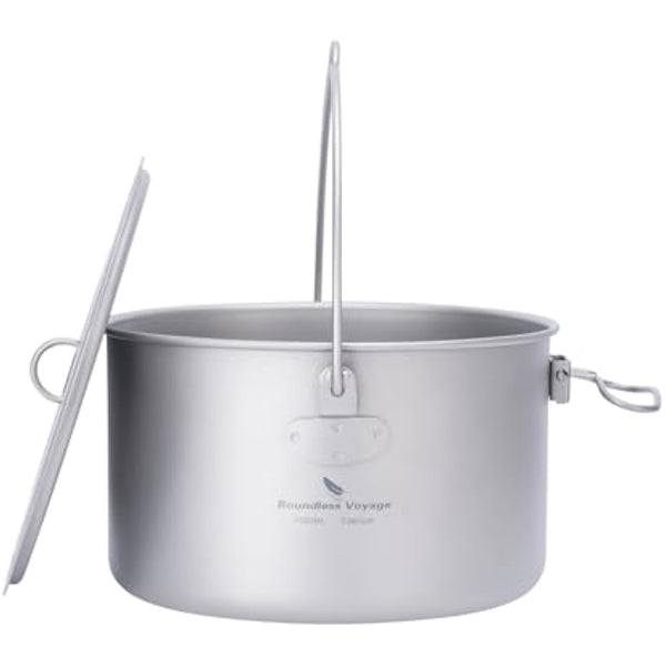 iBasingo 1.95L Camping Titanium Pot Cookware Hanging Stockpot Outdoor Small Bowl Cup Lightweight Hiking Picnic Portable Campfire Cooking Kit Travel 1 Person Kitchenware Tableware Mess Kit Ti2044C