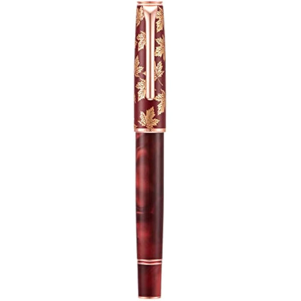 Hongdian N8 Red Acrylic Fountain Pen, Irdidium Long Blade Fine Nib Rose Gold Trim Maple Leaves Carving Cap, Smooth Writing Pen with Converter and Metal Pen Box Set